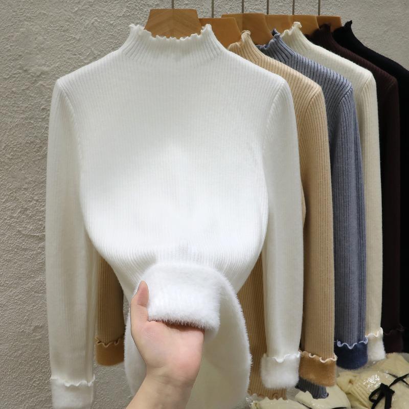 Half High Collar Warm Fleece Pullover Sweaters for Women Autumn and Winter Thick Knitted Sweater Solid Base Long Sleeve Casual Ladies Knitwears 24951