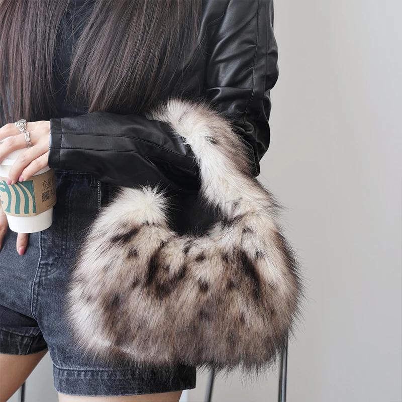 Leopard Plush Women's Hobos Underarm Bag Y2K Hot Girls Furry Clutch Shoulder Bags Luxury Faux Fur Female Fluffy Small Handbags