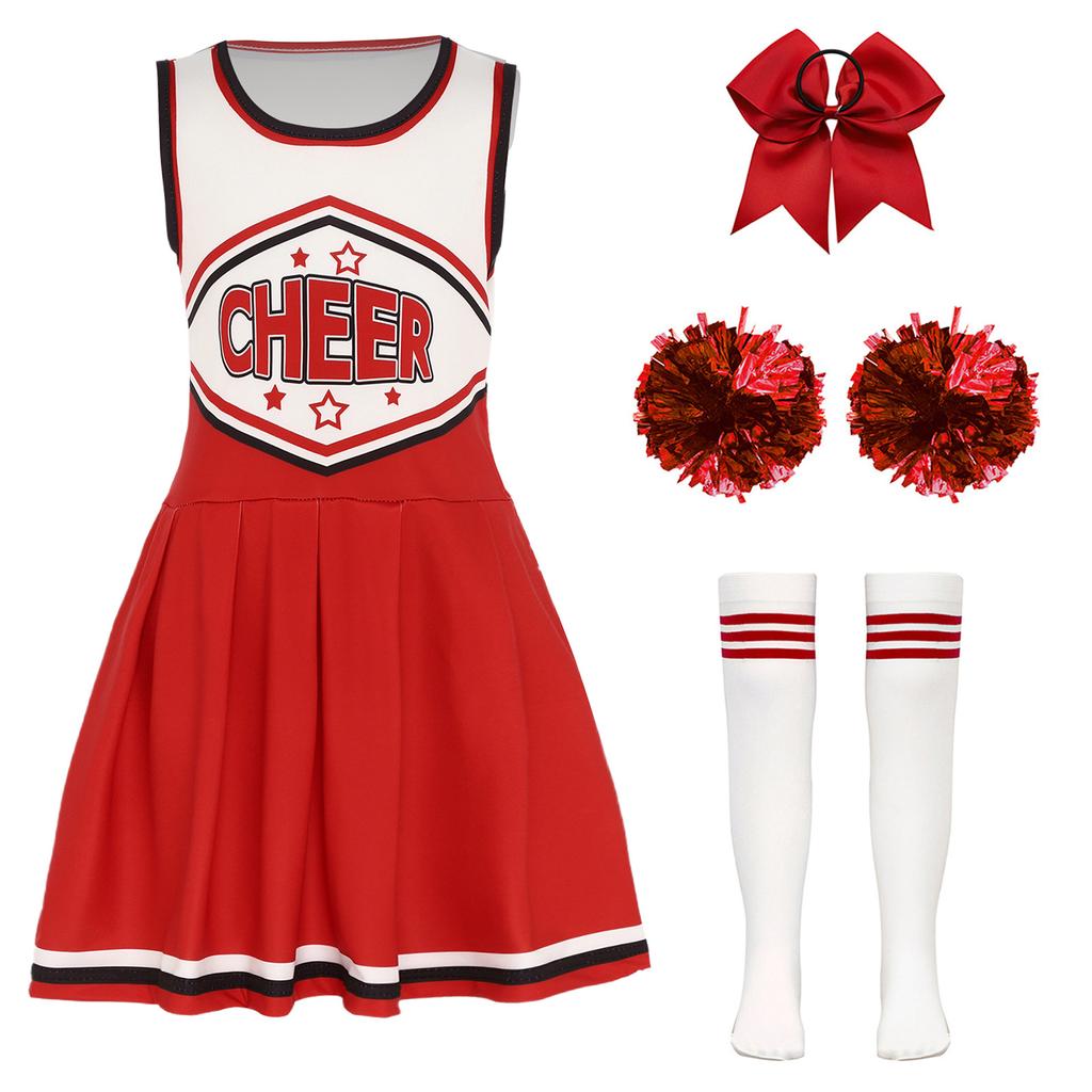 Vestito Completo Cheerleader per Ragazze Senza Maniche Gonna Pieghettata Stampa Lettere Fiori Pompom Accessori per Capelli Calzini a Tubo a Righe Costume Completo