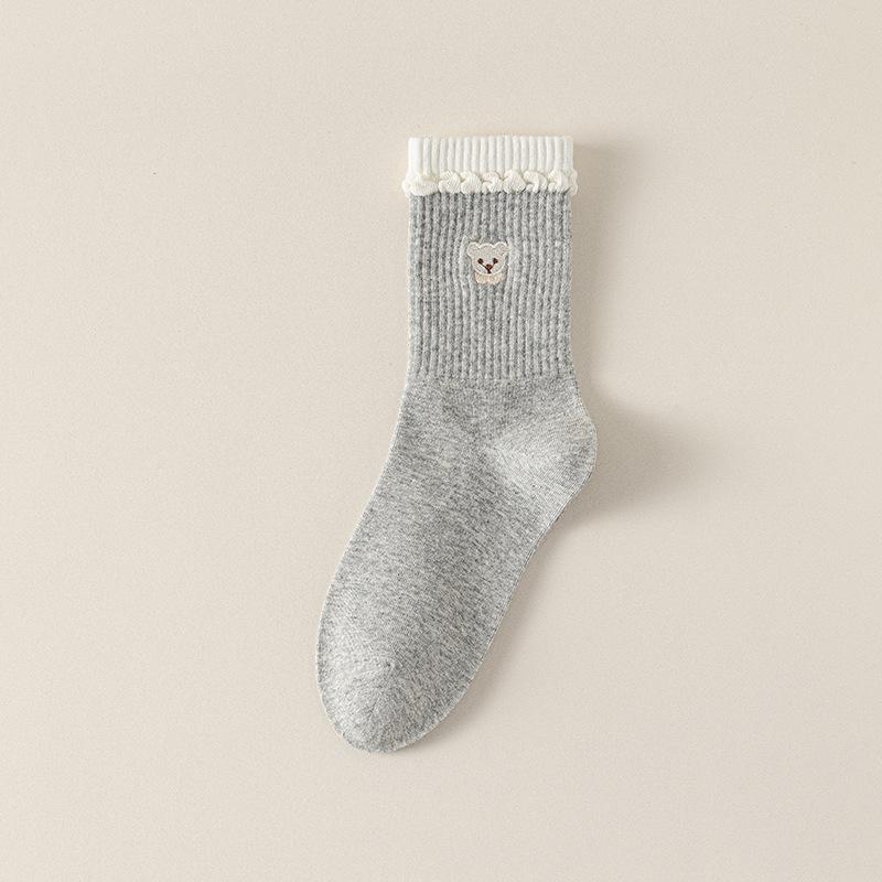 Women's Autumn and Winter Mid-calf Socks, Cute Little Bear Women's Socks, Long Calf Socks, Color-blocked Pile Socks, Boneless Cotton Socks At The Top