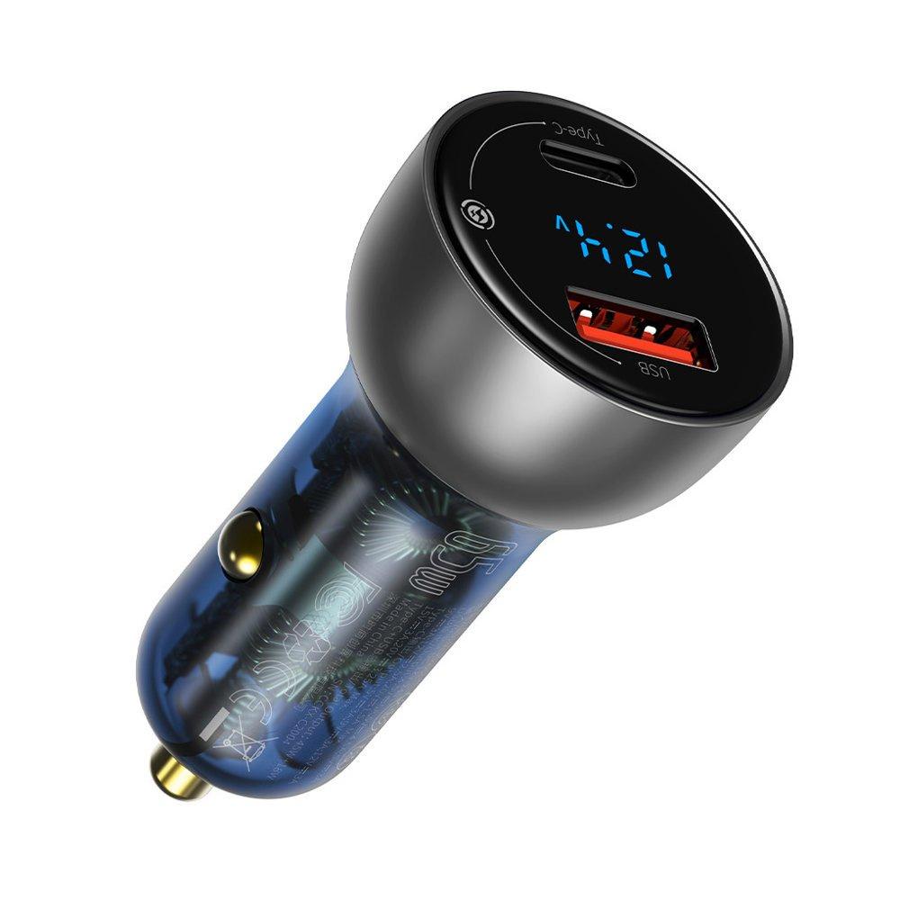 Baseus 65W Dual-Port Car Charger with USB/USB-C, SCP Quick Charge 4.0+, Power Delivery 3.0, LCD Display, Transparent