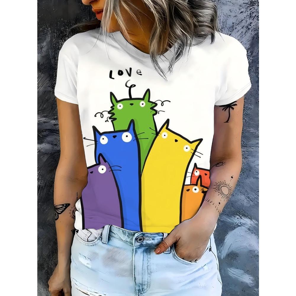 Summer Women's Round Neck Short Sleeved Animal Cartoon Portraits Series 3D T-shirt Fashionable Comfortable Breathable Loose Large Size T-shirt
