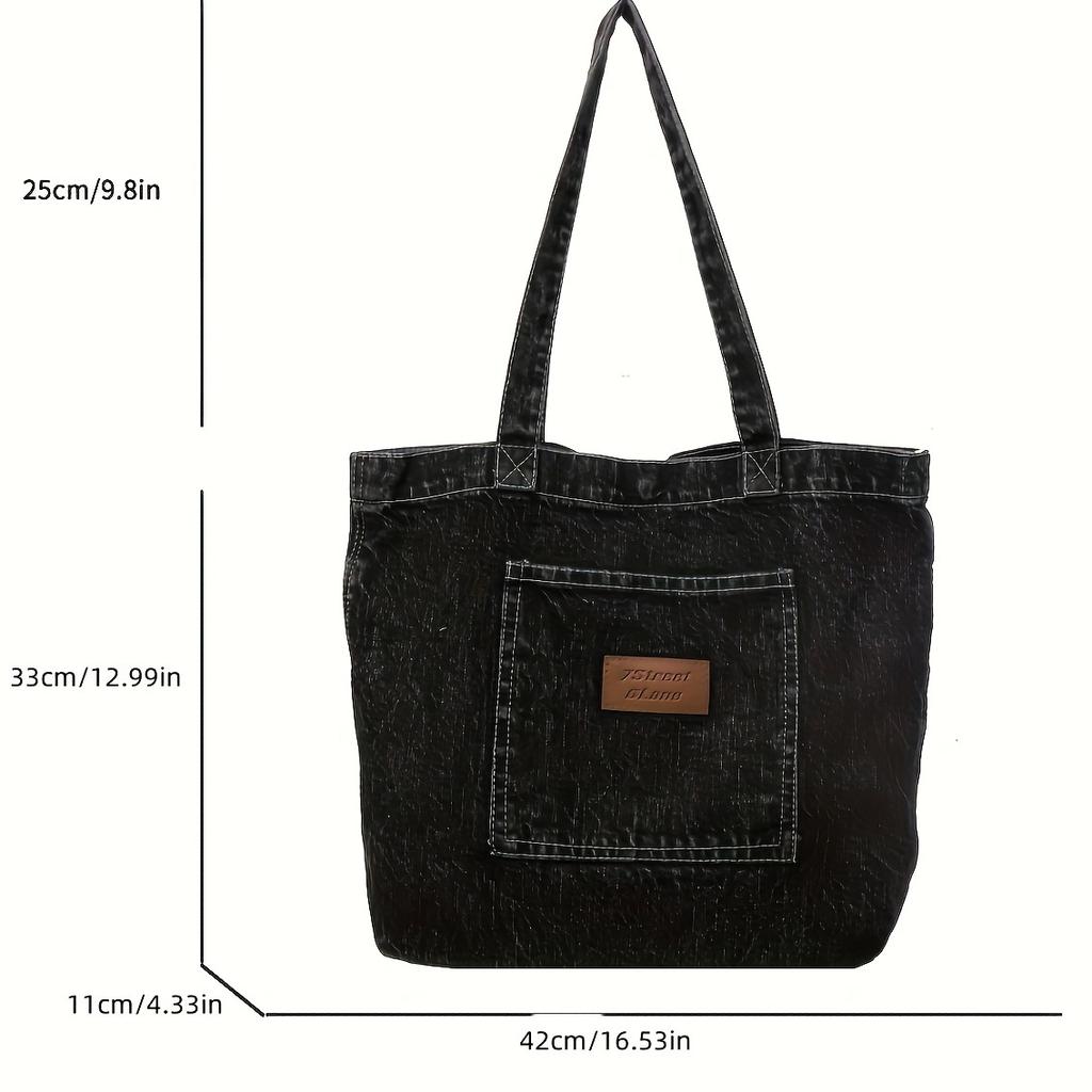 Vintage Washed Denim Tote Bag Casual Large Capacity Single Shoulder Carryall Stylish Purse