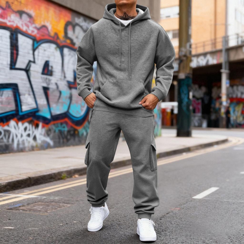Men's Fleece-Lined Thermal Two-Piece Tracksuit Set | Color Hoodie With Cargo Joggers & Elastic Waist For Casual Outdoor Activities