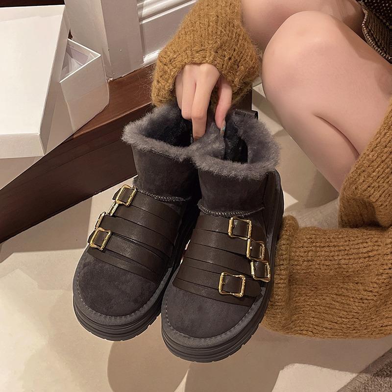 Belt Buckle Platform Snow Boots Winter New Round Toe Suede Plus Wool Warm Non-slip Wear-resistant Cotton Shoes