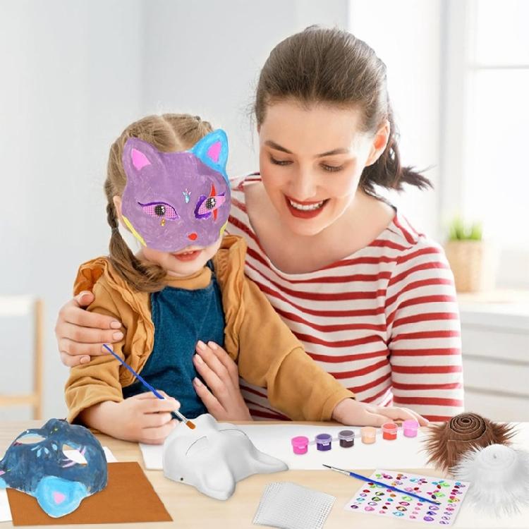 Cats  Foxes Mask with Furs Eye Mesh Felts Sheet Therians Dress Up Mask to Paint for Halloween Masquerade Cosplay Party