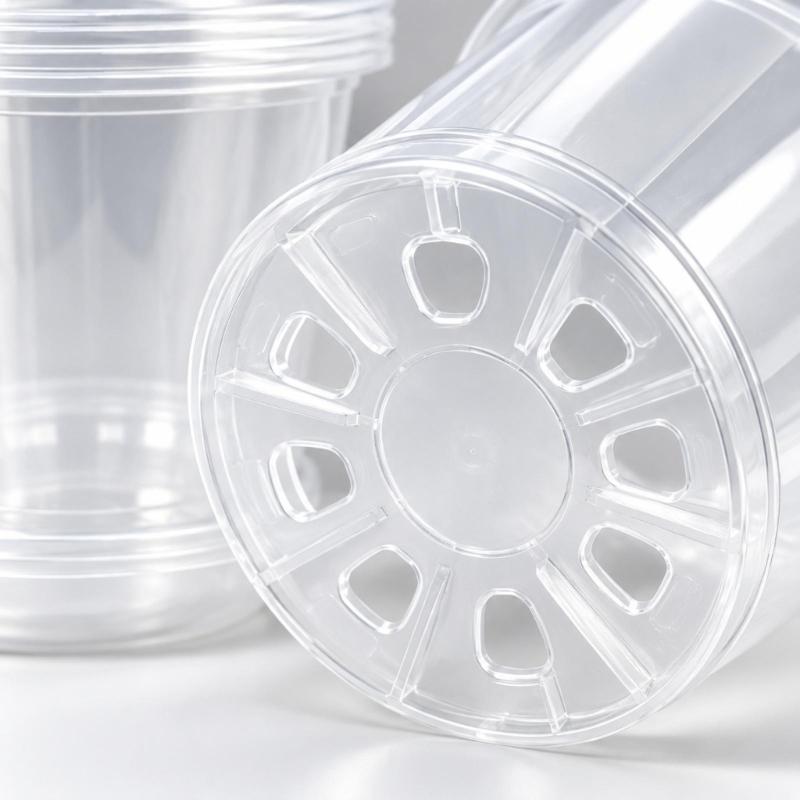 20 See-Through Nursery Pots and 20 Separate Base Plates with Multiple Bottom Drainage Openings for Cuttings, Herbs, and Vegetable Starts