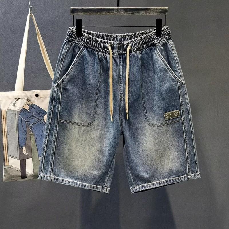 Men's Retro Washed Distressed Denim Shorts - Loose, Elastic Waist, 5-Point Straight Fit for Summer Trend