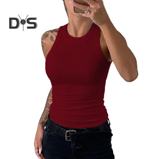 Women Vest Round Neck Sleeveless Elastic Slim Fit Tops Solid Color Sport Camisole Summer Gym Fitness Tops