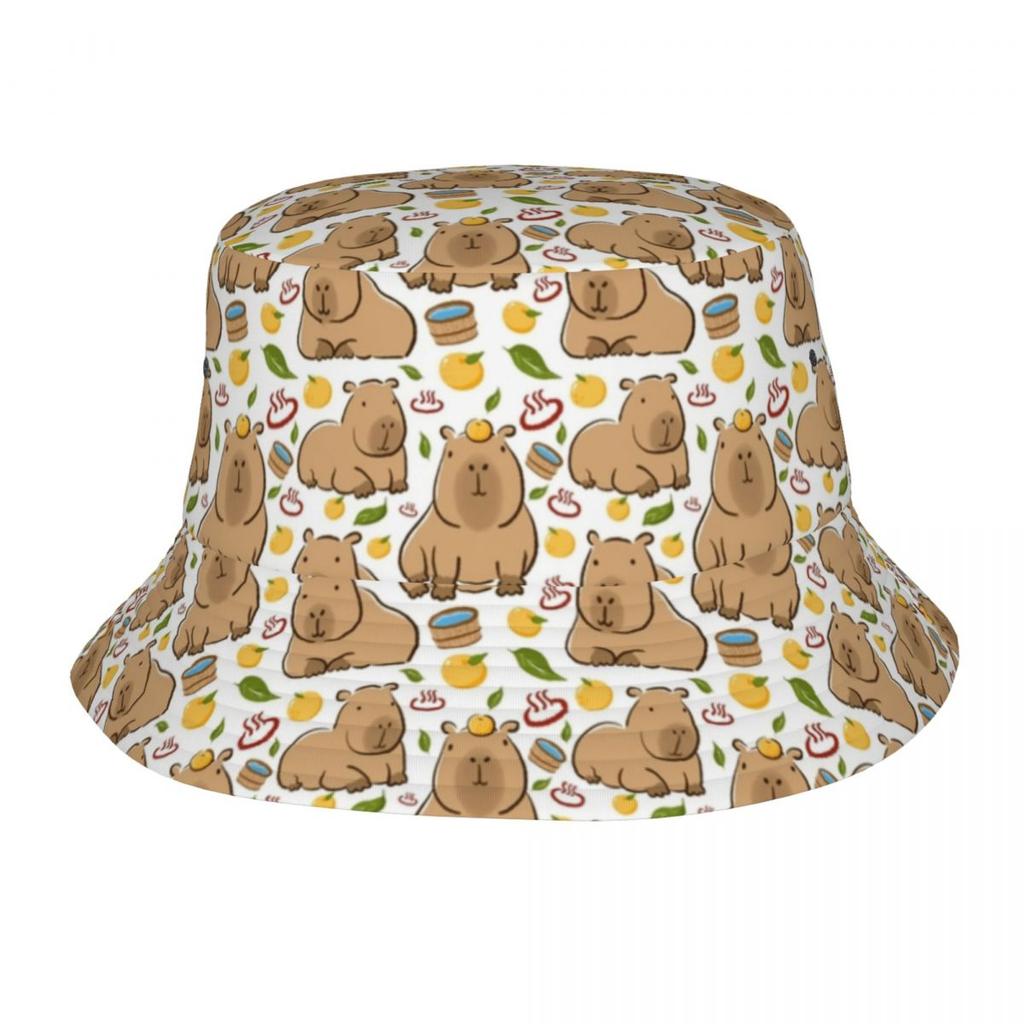Harajuku Capybara Pattern Bucket Hats Unisex Packable Outdoor Kawaii Animal Fishing Cap Summer Beach Hatwear Bob