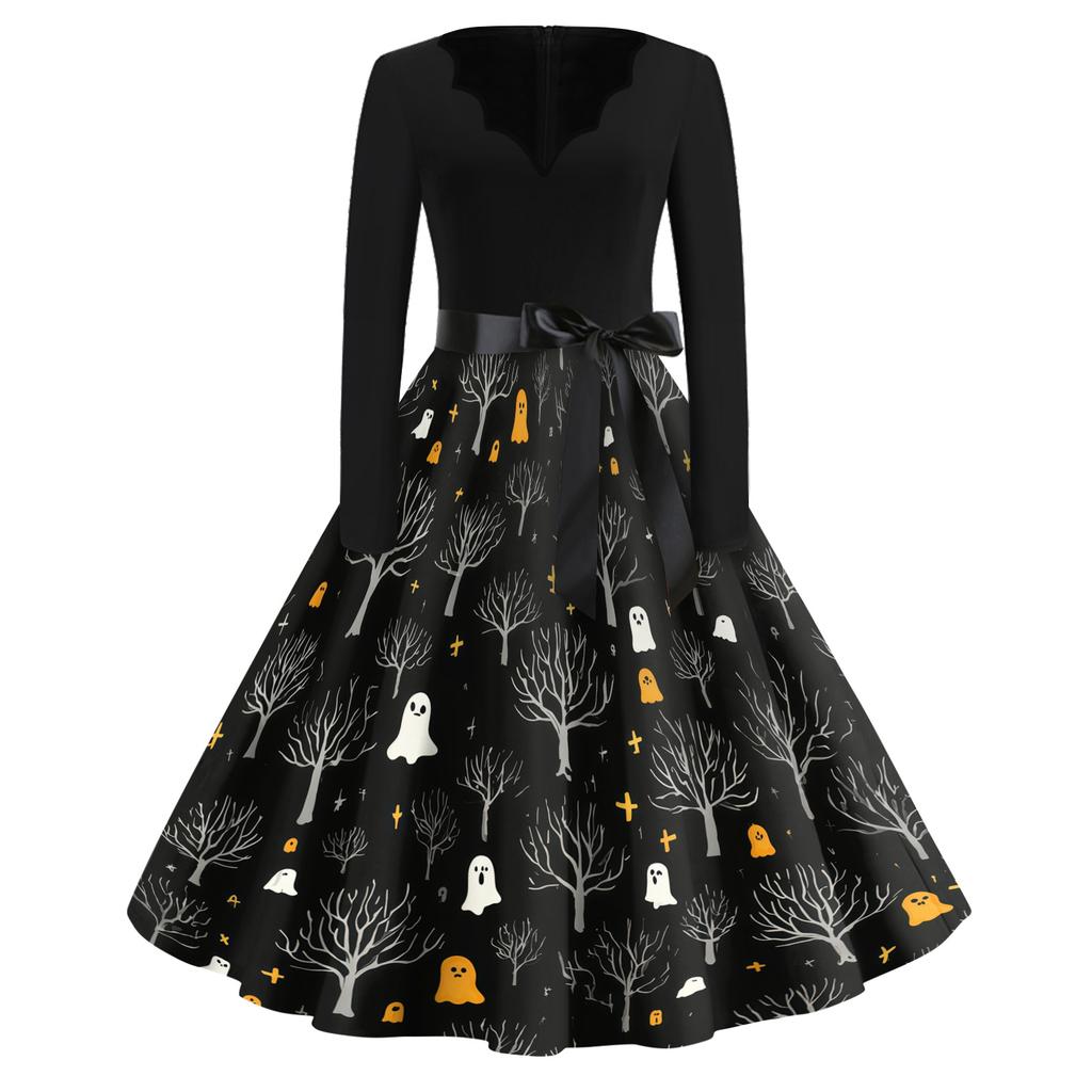 Women's Casual Vintage V Neck Dress Halloween Print Long Sleeve Retro Style A Line Midi Dress with Waist Tie Belt