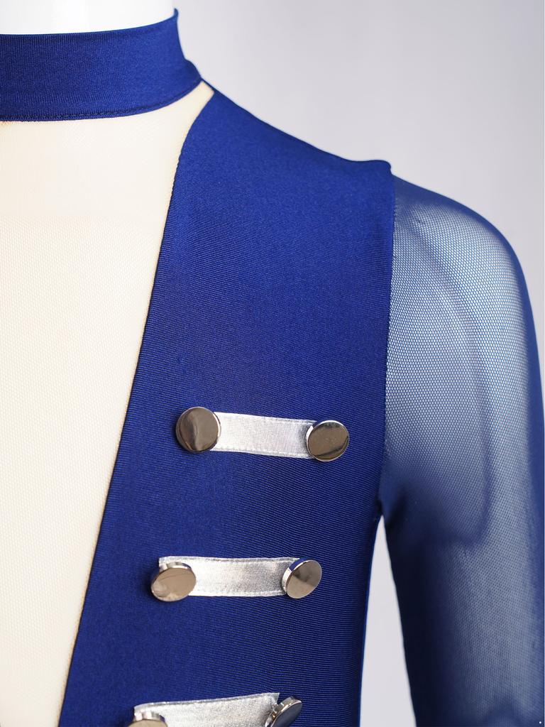 Girls Dance Leotard Sheer Mesh Long Sleeves Mock Neck Keyhole Back Metallic Stripes Buttons Bodysuit Costume