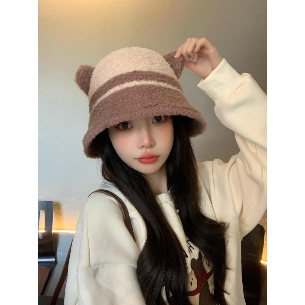 Hat Female Cute Bear Two-color Splicing Bucket Hat Winter Warm Show Washbasin Hat Thick