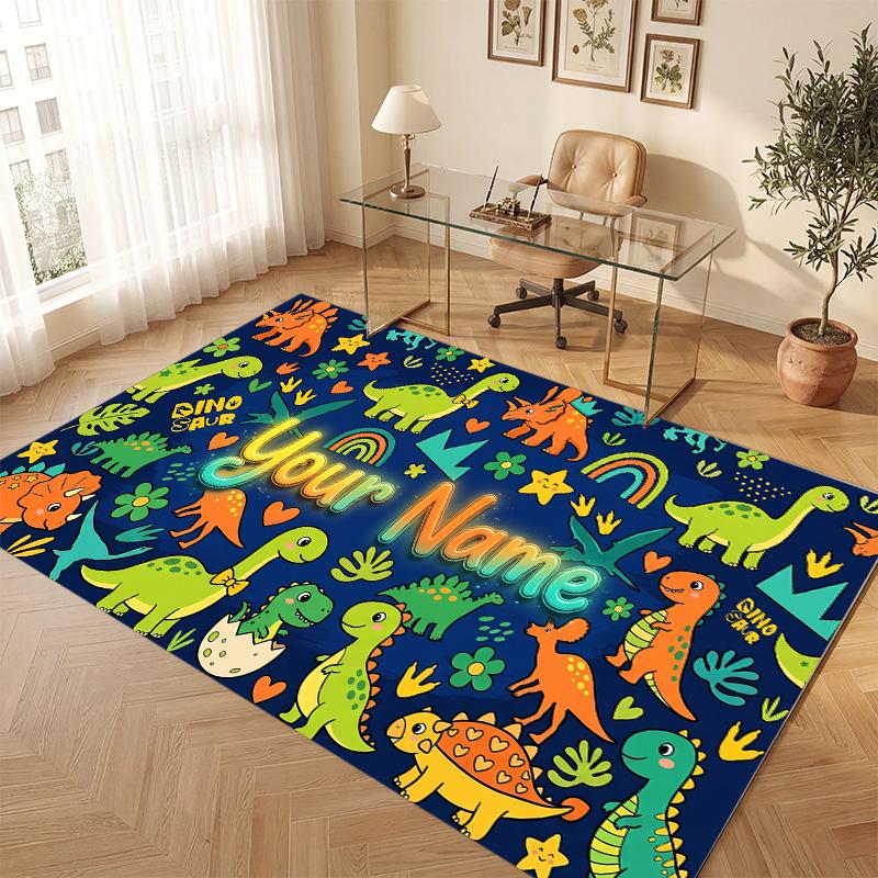 Dinosaur Theme Soft Crystal Velvet Rug Custom Name & Text Print Non Slip Floor Rug for Bedroom Living Room
