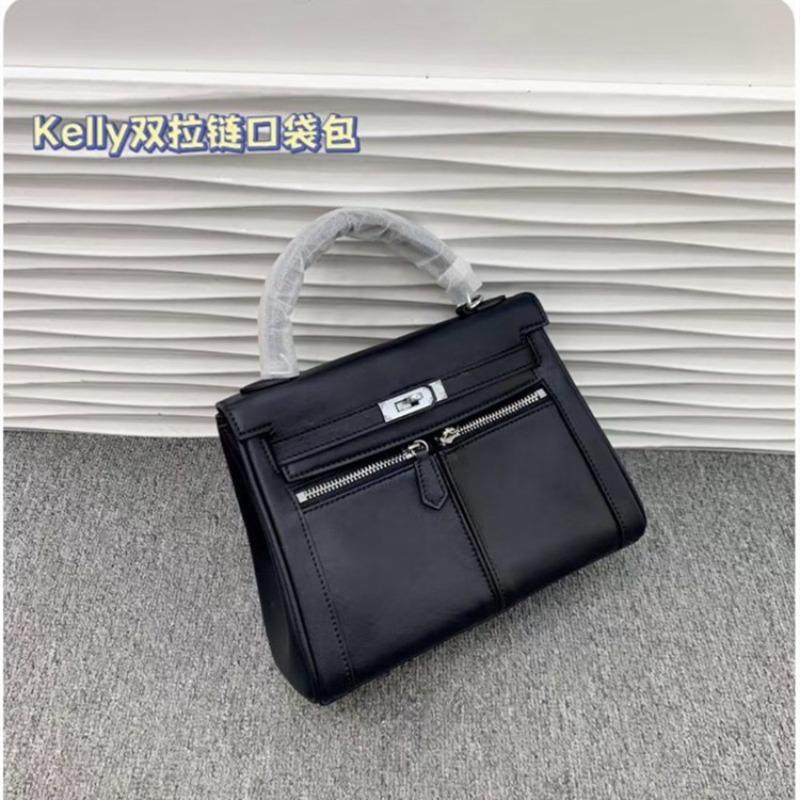 New first-layer cowhide KL bag women's double pocket capacity large handbag commuter shoulder messenger bag