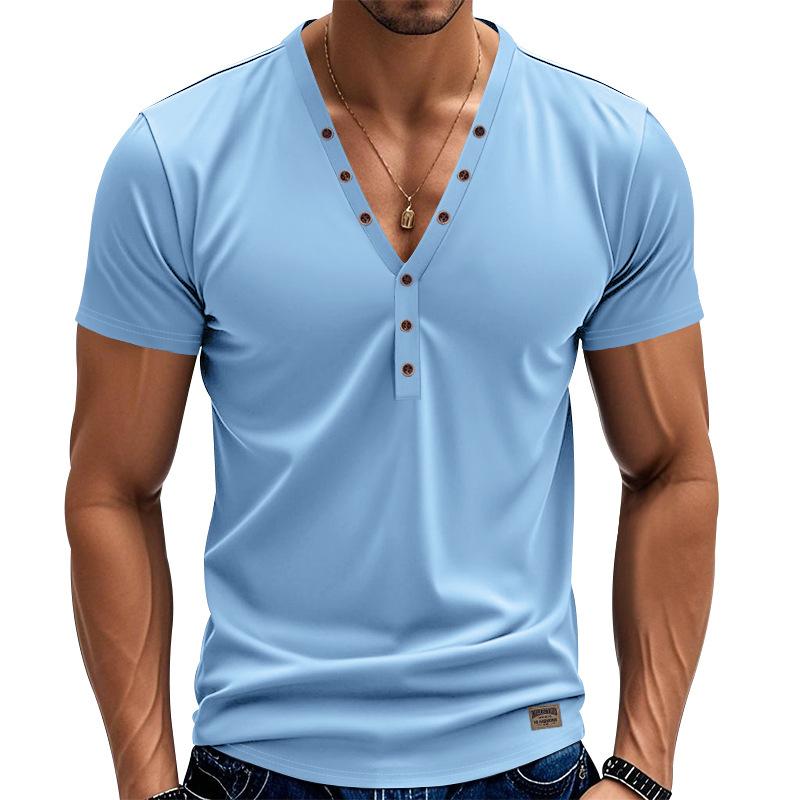 Tricou Henley cu mânecă scurtă pentru bărbați, tricou casual de culoare solidă, cu mânecă scurtă pentru bărbați, polo pentru bărbați, bumbac, tricouri pentru bărbați