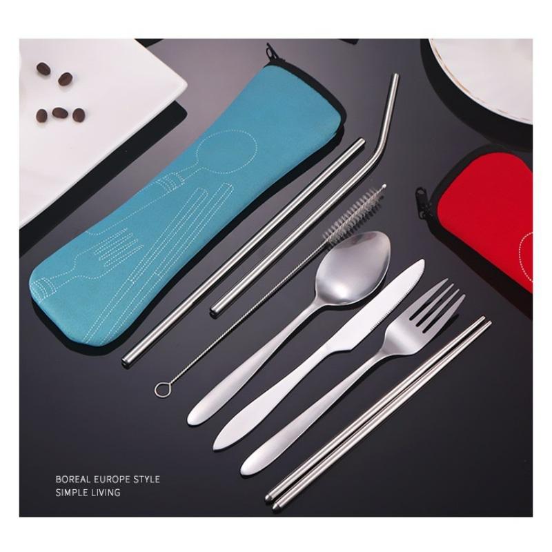 Stainless Steel Tableware Set of Knives, Forks and Spoons, Spoons and Chopsticks, Student Outdoor Portable Tableware Set