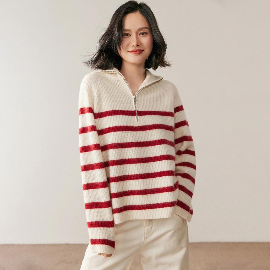 2026 Autumn Winter Women's Cashmere Half-High Collar Zipper Striped Knit Sweater