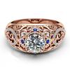 Luxury Rose Gold Lady'S Ring With Hollow Floral Zircon Blue Gemstone Jewelry