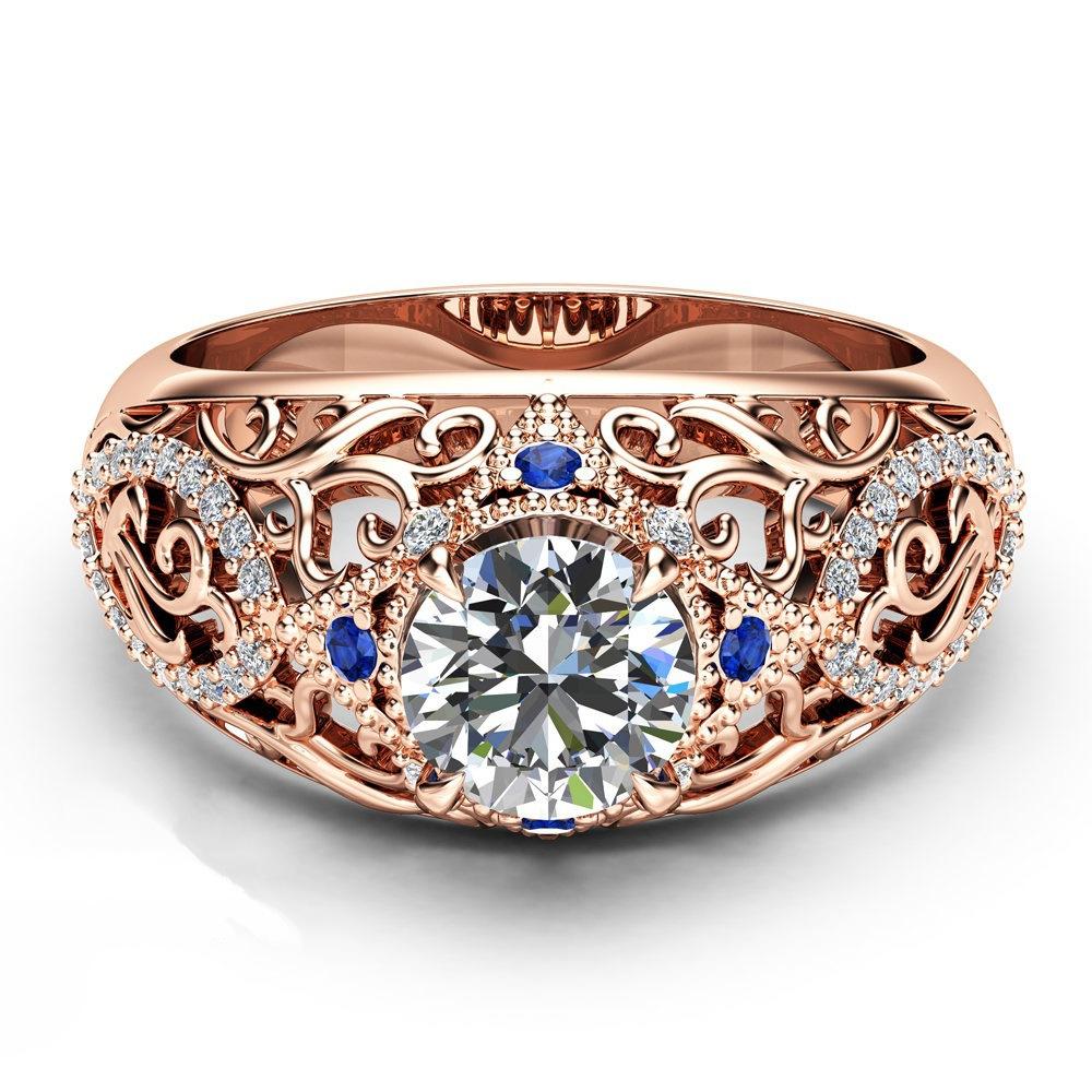 Luxury Rose Gold Lady'S Ring With Hollow Floral Zircon Blue Gemstone Jewelry