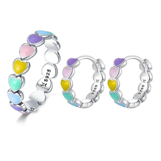 Rainbow Series Jewelry Set , Tone For Women Heart To Heart Finger Ring Earrings Fine Jewelry Giveaway GiftTrendy Rings