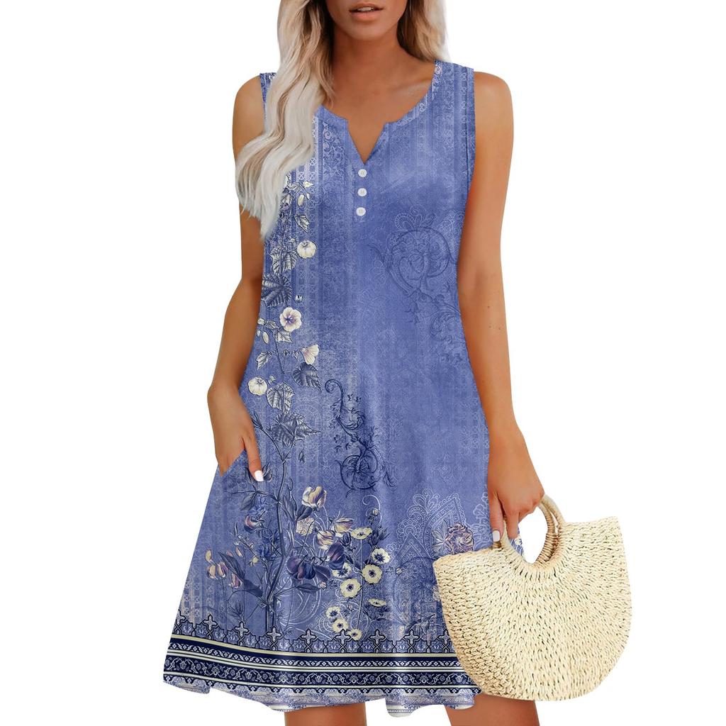 Damen Sommerkleider Lockeres V-Ausschnitt Ärmelloses Sommerkleid Kleid Mit Taschen