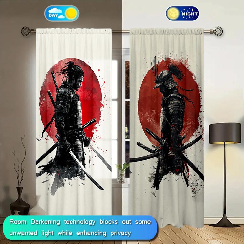 Samurai Ink Painting Style Printed Curtain Home Decor Window Treatment Bedroom Office Kitchen Curtains Set Of 2 Made Polyester With Rod Pocket