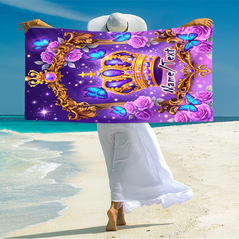 1PC Custom Name Royal Crown Butterflies Frame Beach Towel Highly Absorbent And Sand-Resistant Towel for Swimming, Pool, Yoga, And Travel Lightweight