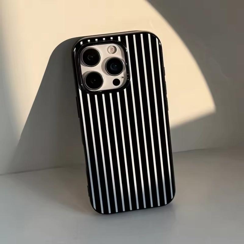 Striped Black White Vertical Bar Couple Phone Case For iPhone 16 E 15 14 13 12 11 Pro Max Plus Glossy Soft Shockproof Cover