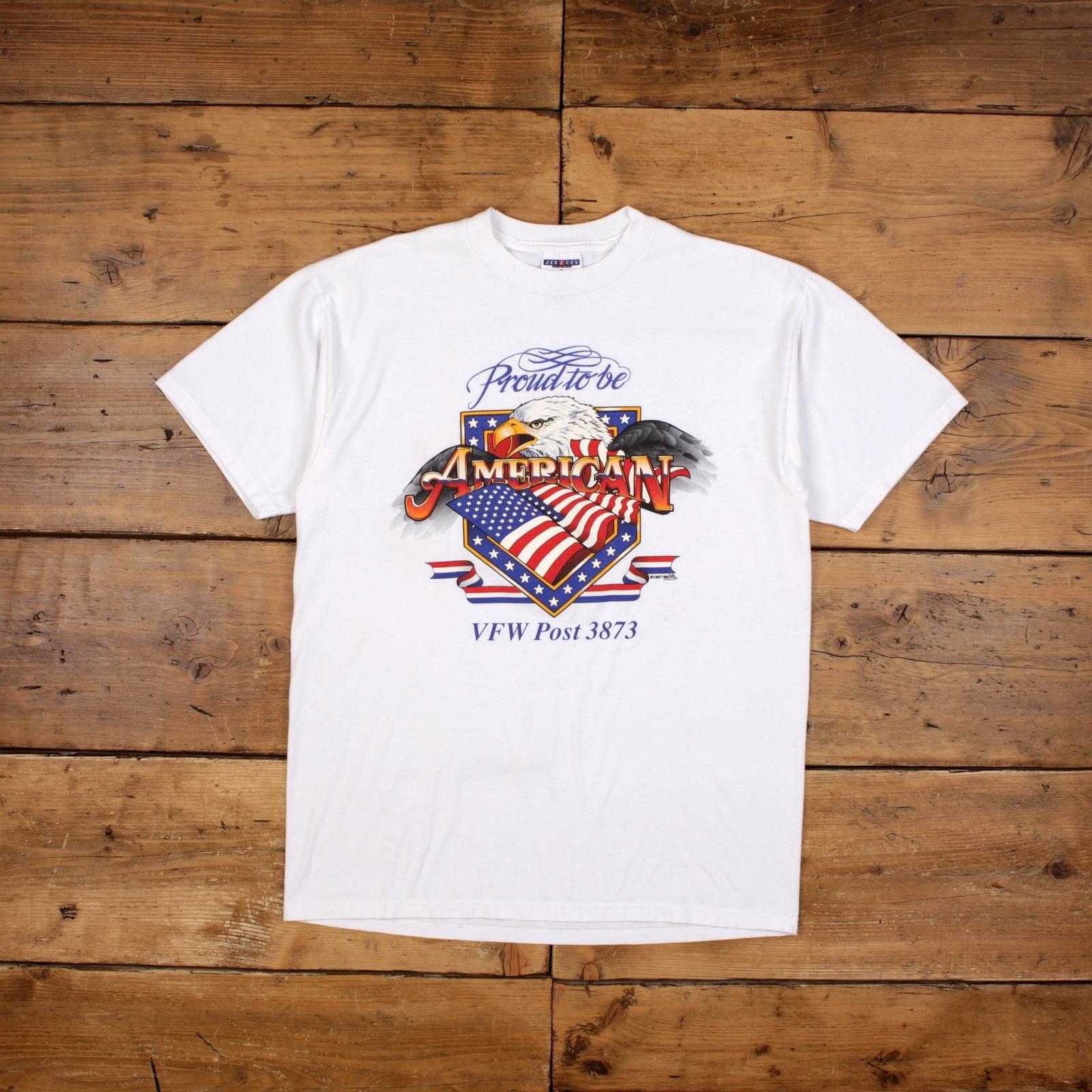 Vintage Jerzees Graphic T Shirt L 90s USA Made American USA Flag White Tee XXXXL