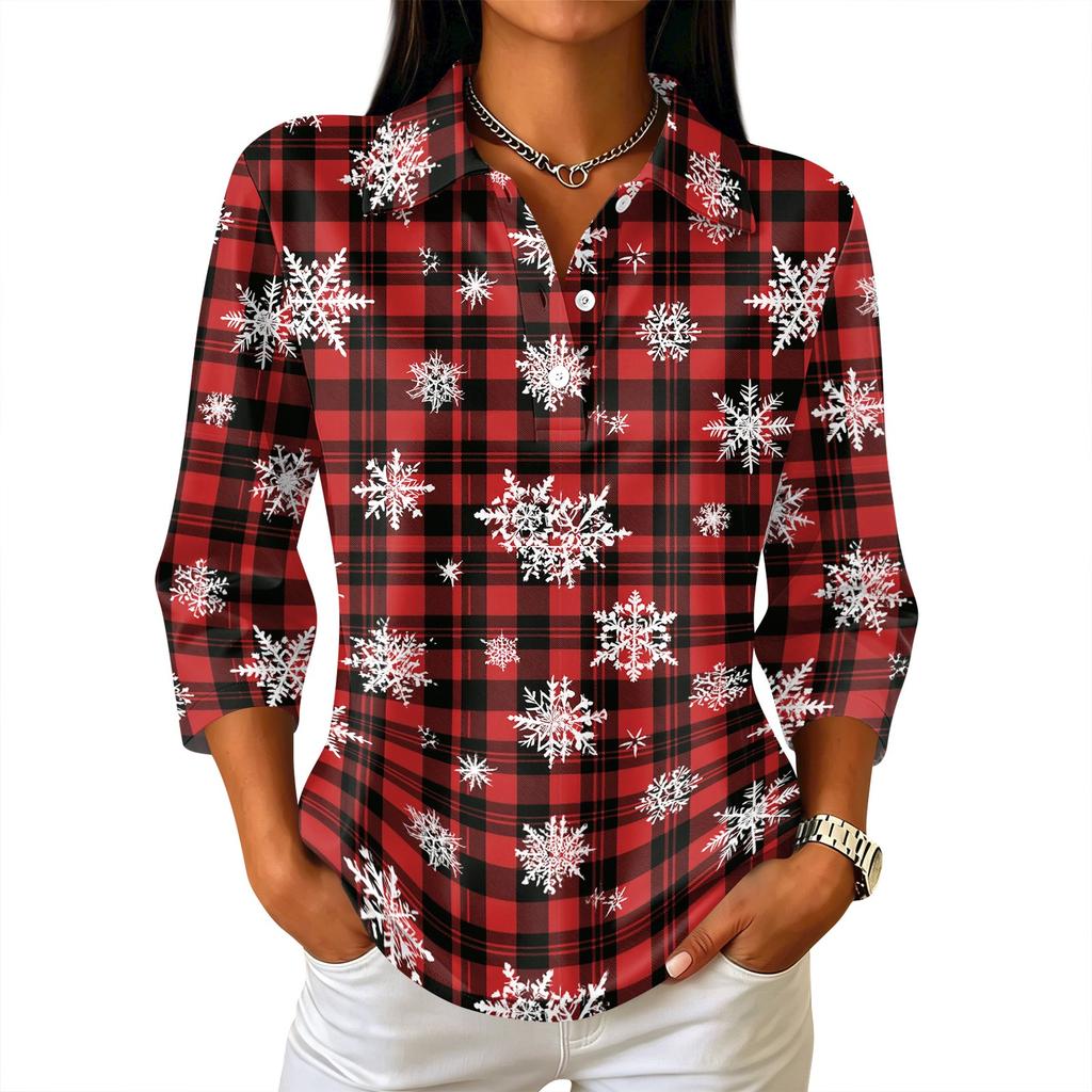 Damen Freizeithemd mit 3/4 Ärmeln, Kragen und Knopfleiste mit Weihnachtsdruck