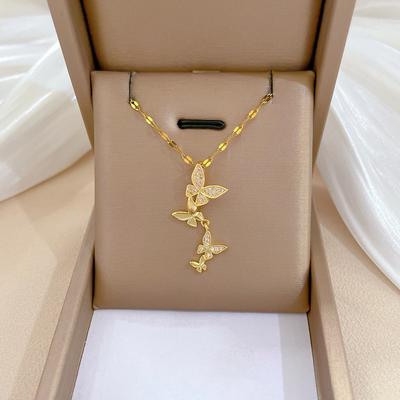 Butterfly Tassel Light Luxury Temperament Gorgeous Full Diamond Necklace Women'S Versatile Collarbone Chain Titanium Steel Chain