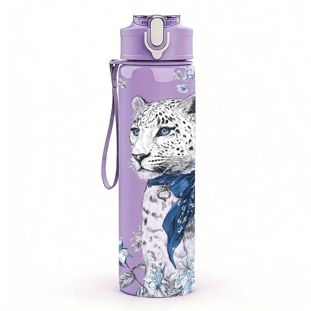 1PC Snow Leopard Realistic Wild Animal Portrait 750ml Color Plastic Sports Water Bottle Leakproof Flip Straw Lid Suitable for Sports Office Home Use
