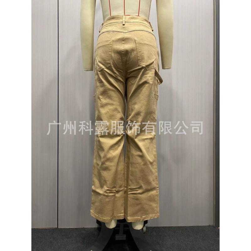 Damen lockere lässige High-Waist gerade Hosen mit sechs Taschen Cargo-Hosen