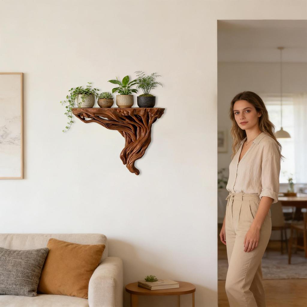 18x8.5x14cm Rustic Tree Root Corner Shelf, Wall Mount Storage Rack for Books & Photos Natural Wood Display Stand for Living Room