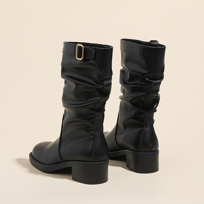 Autumn/Winter Western Retro Women's Pleated Mid-Calf Boots with Thick Heels In Popular Style.