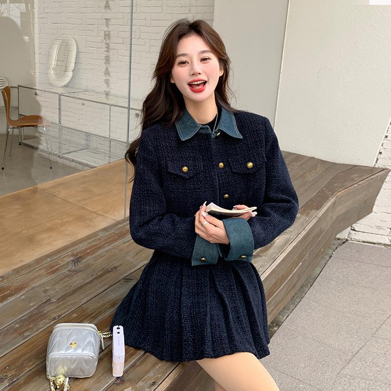 Women's Autumn Denim Patchwork Set: Black Jacket & Midi Skirt Two-Piece Set