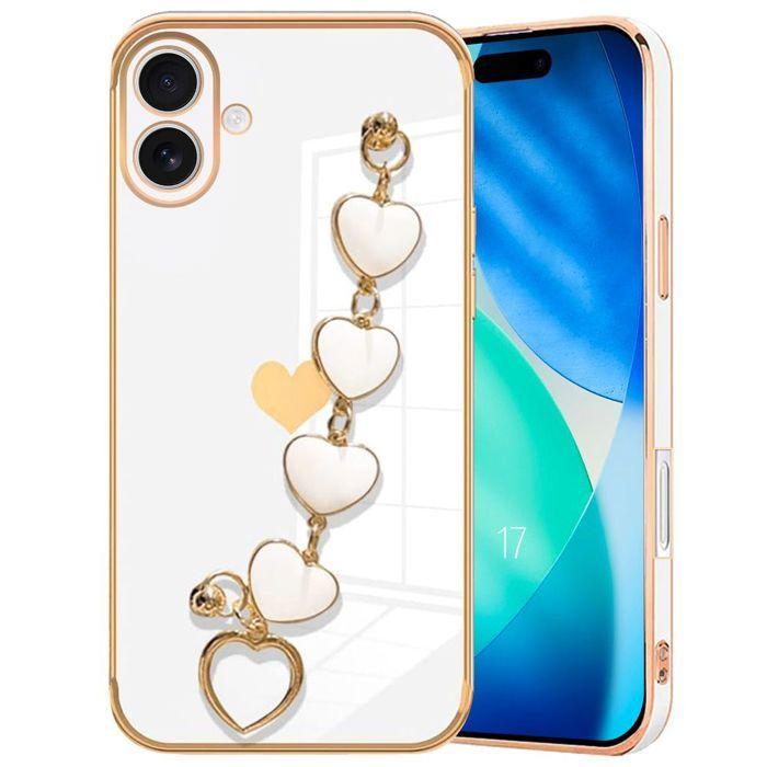 Coque avec Lanière - BOOLING - pour iPhone 17 - Silicone Anti-Rayures avec Bracelet Cœur - Blanc