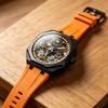 Super Coole Tourbillon Herenhorloges Automatisch Sport Militair Horloge met Maanfase Oranje Siliconen Band Waterdicht Herenhorloge