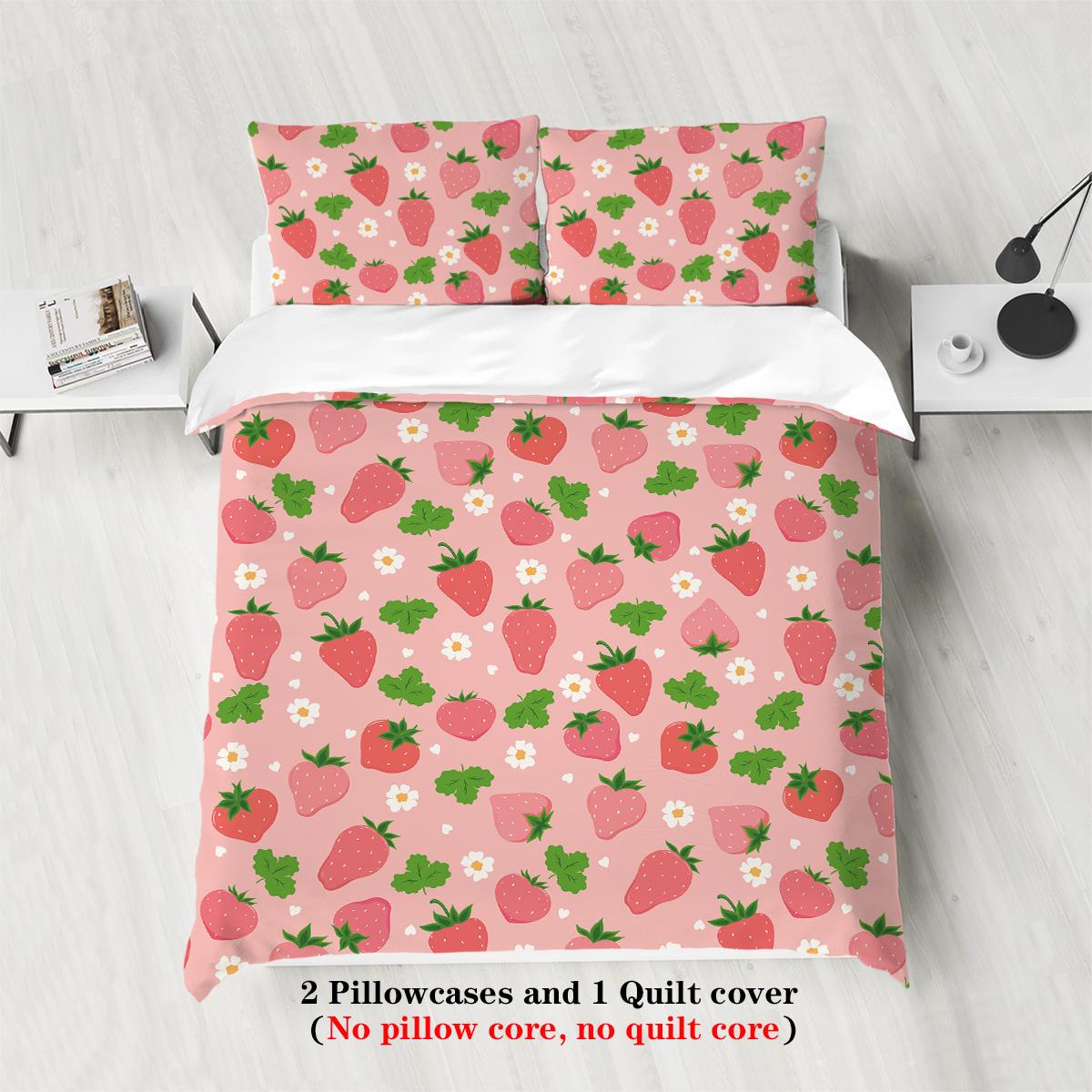 

3pcs cartoon strawberries printed bedding,For Bedroom, Guest Room (1*Duvet Cover + 2*Pillowcase, NO Core) 135x200cm-EU-Single