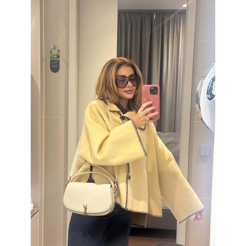 Abrigos Casuales Amarillos Otoño Invierno Para Mujer Moda Manga Larga Cuello Alto Holgado Ropa Exterior Elegante Chaquetas de Un Botón