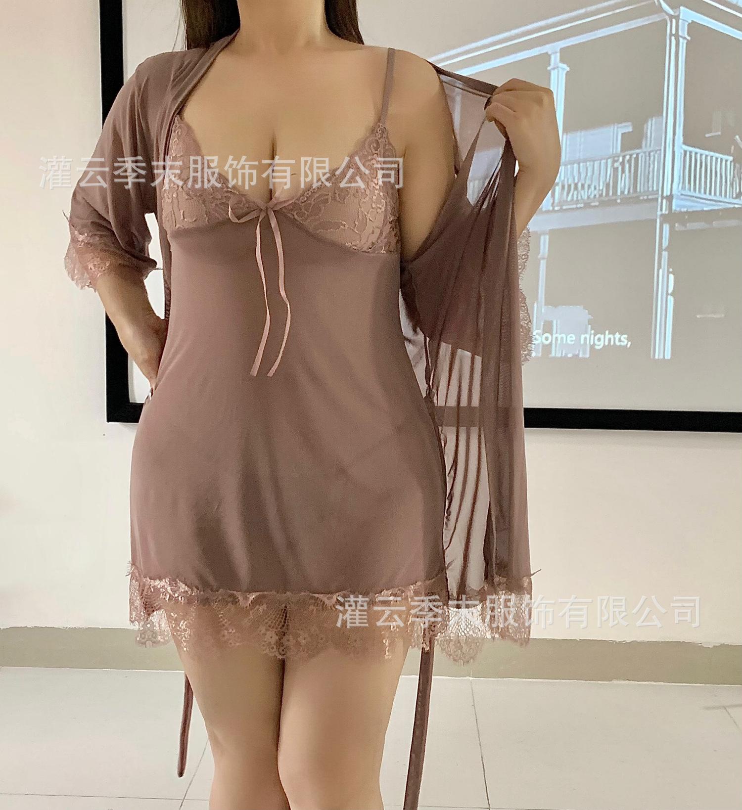 

Sexy lingerie home suspender mesh set large size fat MM nightgown foreign trade one piece delivery M【 40-65kg 】 кавовий