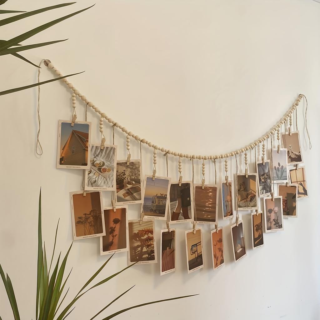 Unique Wooden Bead Hanging Photo Display Frame - Decorative Chic Collage Picture Holder with Clips and Garland
