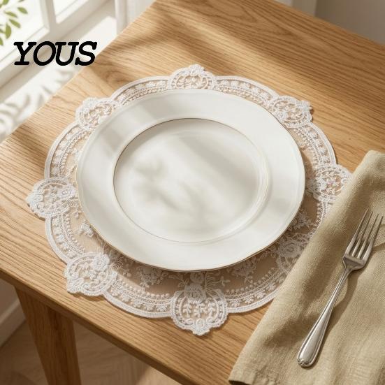 Washable Polyester Lace Mat Retro Round Doily, Embroidered Floral Coaster, 13 Inch Doily for Table Decor Sheer Placemat Wedding, Tea Party