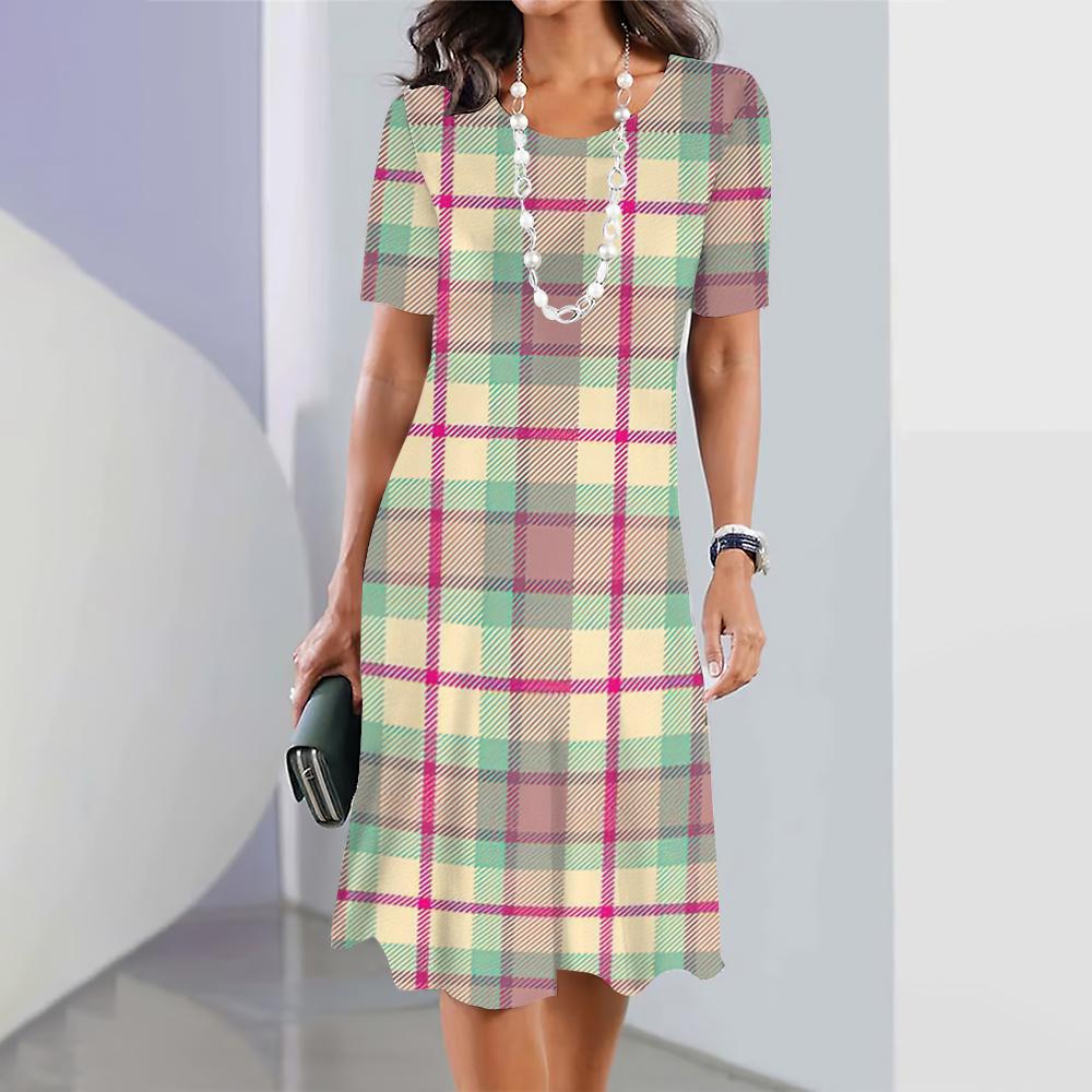 New Plaid Graphic Print Dresses For Women Elegant Dresses Summer Medium Length Dress Plus Size Female Fashion