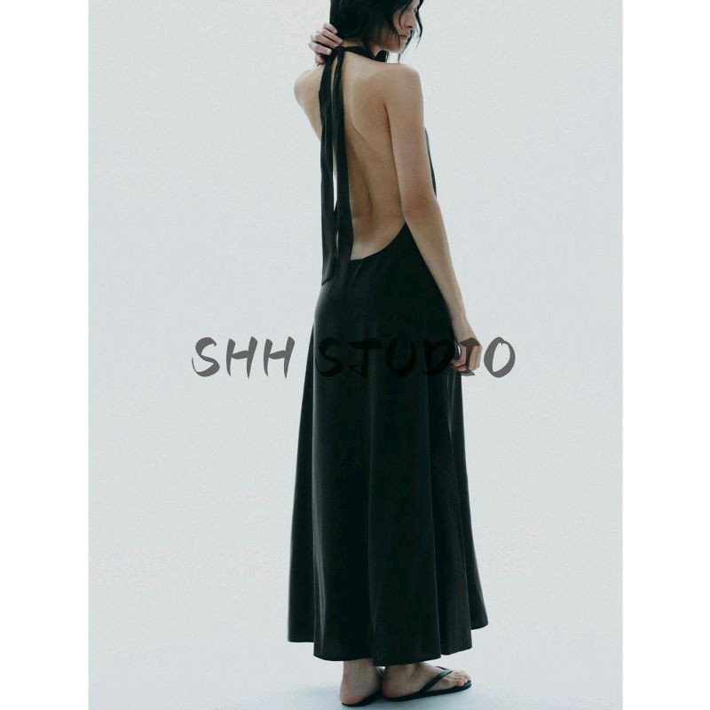 Summer New Product Women's Clothes French Style Design Bowknot Decoration Hanging Collar Midi Skirt Long Dress 8039116