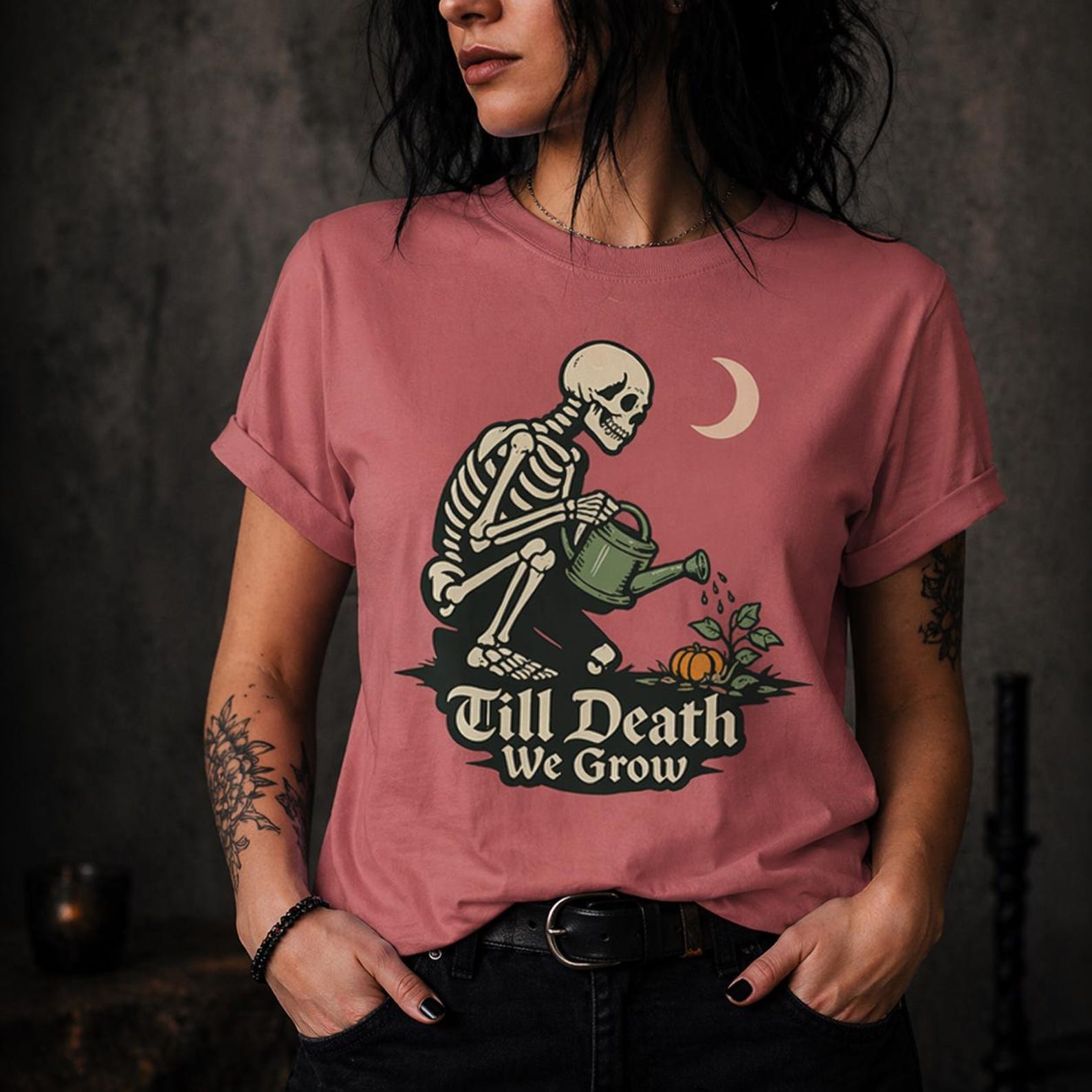 Gothic Skeleton Gardening Shirt, Dark Botanical Plant Lover Tee S