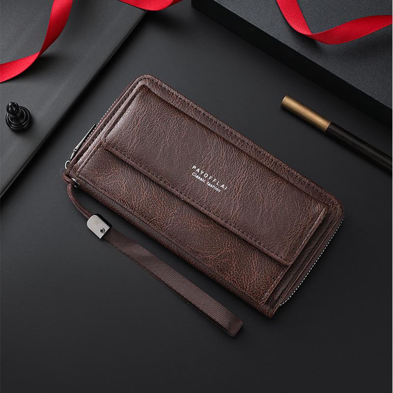 Men’s Leather Long Wallet RFID Blocking Clutch Wallet Large Capacity Zipper Bifold Purse Card Holder Coin Pocket Wrist Strap