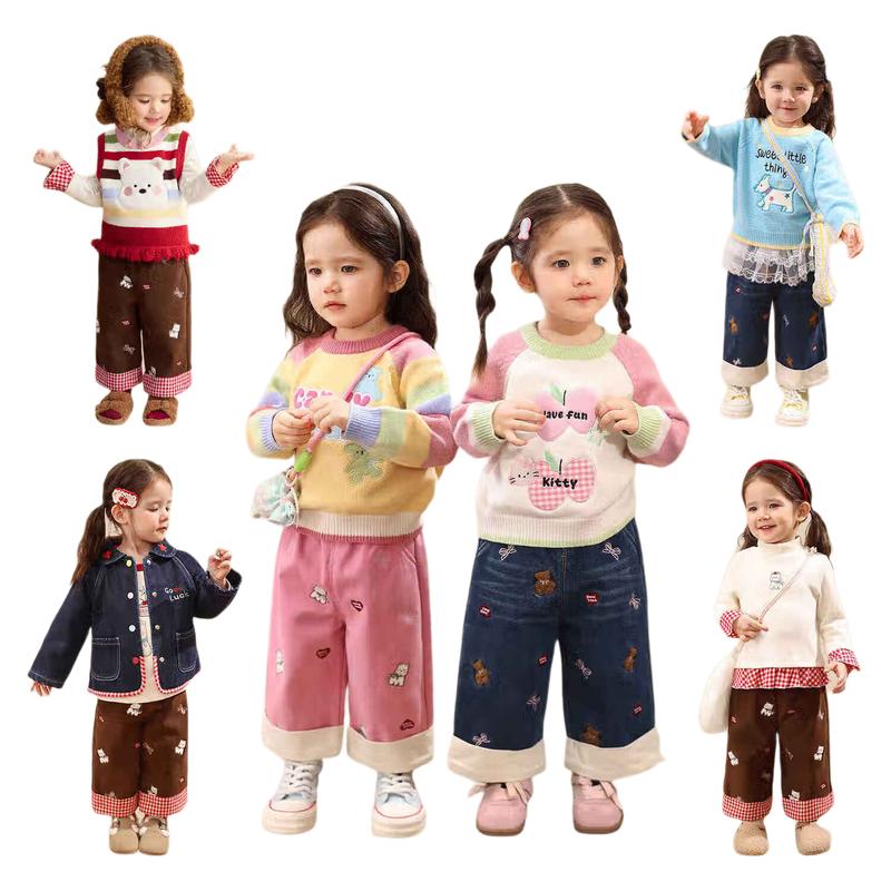 LUSON Baby Girl Fleece-Lined Denim Blue Straight-Leg Pants