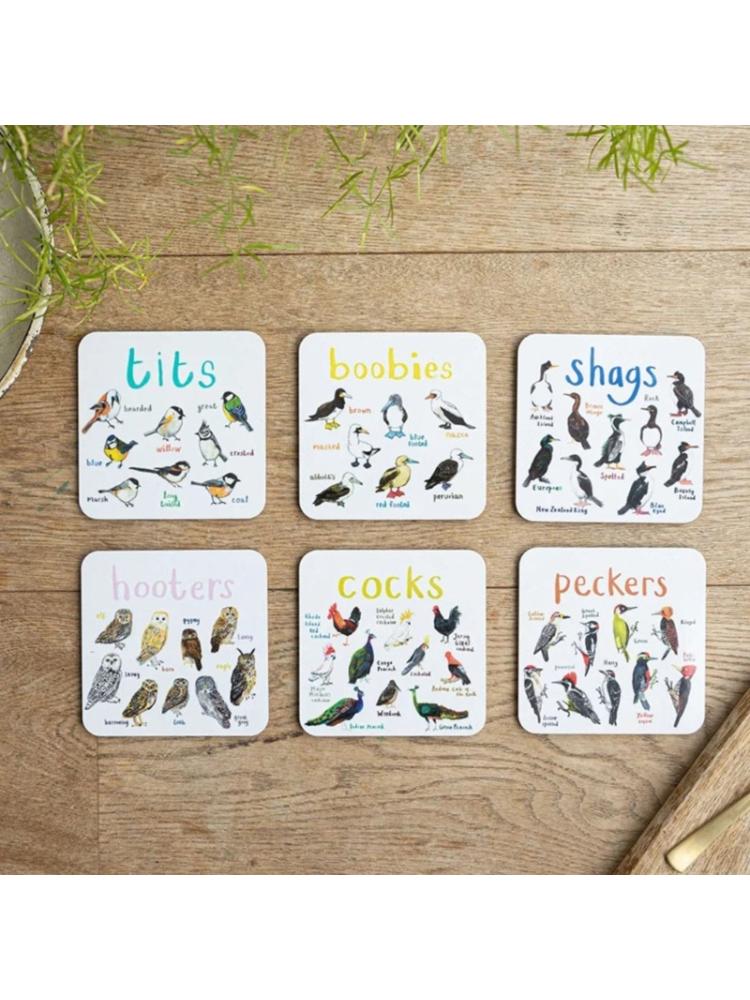 6 Stück Untersetzer mit Vogel-Wortspiel-Motiv, lustige Untersetzer für Getränke, Tassen, Untersetzer, Kunstvogel, quadratisch, für Zuhause, Küche und Bar